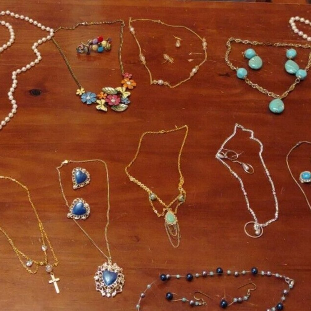 Vtg Handmade Native Stone Bead Turquoise Shell Rhinestone Art Deco Necklaces
